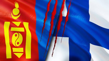 Moğolistan ve Finlandiya yara izi kavramına sahip bayraklar. Dalgalanan bayrak, 3 boyutlu görüntüleme. Moğolistan ve Finlandiya çatışma konsepti. Moğolistan Finlandiya ilişkileri. Moğolistan ve Finlandiya bayrağı krizi, savaş, attac