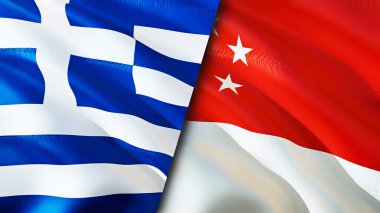 Yunanistan ve Singapur bayrakları. 3 boyutlu dalgalanan bayrak tasarımı. Yunanistan Singapur bayrağı, resim, duvar kağıdı. Yunanistan, Singapur 'a karşı, görüntü 3 boyutlu. Yunanistan Singapur ilişkileri ittifak ve Ticaret, seyahat, turnuva