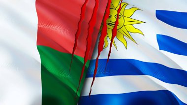 Madagaskar ve Uruguay bayrakları yara izi konseptiyle. Dalgalanan bayrak, 3 boyutlu görüntüleme. Madagaskar ve Uruguay çatışma konsepti. Madagaskar Uruguay ilişkileri kavramı. Madagaskar bayrağı ve Uruguay krizi, savaş
