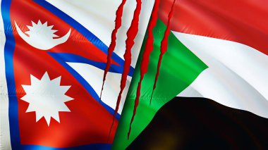 Yara izi olan Nepal ve Sudan bayrakları. Dalgalanan bayrak, 3 boyutlu görüntüleme. Nepal ve Sudan çatışma konsepti. Nepal Sudan ilişkileri kavramı. Nepal ve Sudan krizi bayrağı, savaş, saldırı konsepti