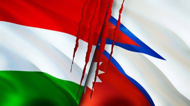 Yara izi olan Macaristan ve Nepal bayrakları. Dalgalanan bayrak, 3 boyutlu görüntüleme. Macaristan ve Nepal çatışma konsepti. Macaristan Nepal ilişkileri kavramı. Macaristan bayrağı ve Nepal krizi, savaş, saldırı konsepti