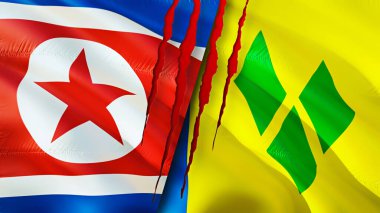 Kuzey Kore, Saint Vincent ve yara izi olan Grenadine bayrakları. Dalgalanan bayrak, 3 boyutlu görüntüleme. Kuzey Kore ve Saint Vincent ve Grenadine çatışması konsepti. Kuzey Kore Saint Vincent an