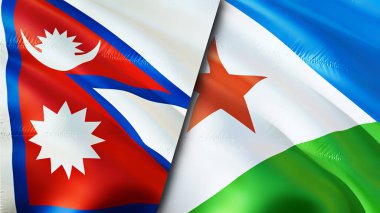 Nepal ve Cibuti bayrakları. 3 boyutlu dalgalanan bayrak tasarımı. Nepal Cibuti bayrağı, resim, duvar kağıdı. Nepal, Cibuti 'ye karşı, görüntü 3 boyutlu. Nepal Cibuti ilişkileri ittifak ve ticaret, seyahat, turizm konsepti