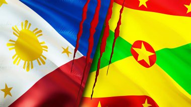 Yara izi olan Filipinler ve Grenada bayrakları. Dalgalanan bayrak, 3 boyutlu görüntüleme. Filipinler ve Grenada çatışma konsepti. Filipinler Grenada ilişkileri kavramı. Filipinler ve Grenad bayrağı