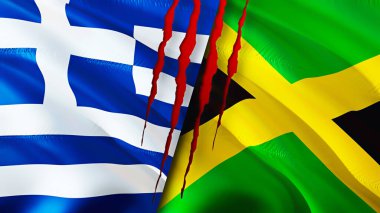Yara izi olan Yunanistan ve Jamaika bayrakları. Dalgalanan bayrak, 3 boyutlu görüntüleme. Yunanistan ve Jamaika çatışma konsepti. Yunanistan Jamaika ilişkileri kavramı. Yunanistan bayrağı ve Jamaika krizi, savaş, saldırı konsepti