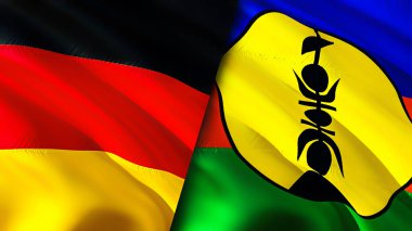Almanya ve Yeni Kaledonya bayrakları. 3 boyutlu dalgalanan bayrak tasarımı. Almanya Yeni Kaledonya bayrağı, resim, duvar kağıdı. Almanya, Yeni Kaledonya 'ya karşı, görüntü 3 boyutlu. Almanya Yeni Kaledonya ilişkileri ittifakı