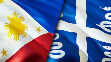 Filipinler ve Martinik bayrakları. 3 boyutlu dalgalanan bayrak tasarımı. Filipinler Martinik bayrağı, resim, duvar kağıdı. Filipinler vs Martinique imajı, 3 boyutlu canlandırma. Filipinler Martinik ilişkileri