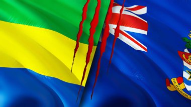 Gabon ve Cayman Adaları yara izi olan bayraklar. Dalgalanan bayrak, 3 boyutlu görüntüleme. Gabon ve Cayman Adaları çatışma konsepti. Gabon Cayman Adaları ilişkileri kavramı. Gabon ve Cayman Adaları bayrağı