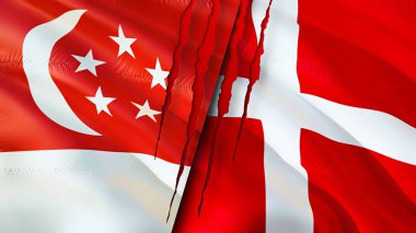 Singapur ve Danimarka bayraklarında yara izi var. Dalgalanan bayrak, 3 boyutlu görüntüleme. Singapur ve Danimarka çatışma konsepti. Singapur Danimarka ilişkileri kavramı. Singapur bayrağı ve Danimarka krizi, savaş, attac