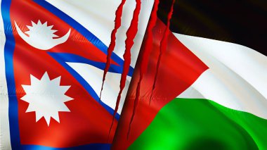 Yara izi olan Nepal ve Filistin bayrakları. Dalgalanan bayrak, 3 boyutlu görüntüleme. Nepal ve Filistin çatışma konsepti. Nepal Filistin ilişkileri kavramı. Nepal ve Filistin bayrağı krizi, savaş, saldırı konsepti