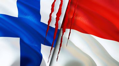 Finlandiya ve Endonezya yara izi olan bayraklar. Dalgalanan bayrak, 3 boyutlu görüntüleme. Finlandiya ve Endonezya çatışma konsepti. Finlandiya Endonezya ilişkileri kavramı. Finlandiya bayrağı ve Endonezya krizi, savaş, attac