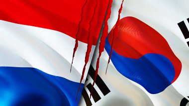 Hollanda ve Güney Kore bayraklarında yara izi var. Dalgalanan bayrak, 3 boyutlu görüntüleme. Hollanda ve Güney Kore çatışma konsepti. Hollanda Güney Kore ilişkileri kavramı. Hollanda ve Sout bayrağı