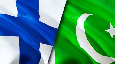 Finlandiya ve Pakistan bayrakları. 3 boyutlu dalgalanan bayrak tasarımı. Finlandiya Pakistan bayrağı, resim, duvar kağıdı. Finlandiya, Pakistan 'a karşı imaj, 3D görüntüleme. Finlandiya Pakistan ilişkileri ittifak ve ticaret, seyahat, turnuva
