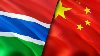 Gambiya ve Çin bayrakları. 3 boyutlu dalgalanan bayrak tasarımı. Gambiya Çin bayrağı, resim, duvar kağıdı. Gambiya, Çin 'e karşı, görüntü 3 boyutlu. Gambiya Çin ilişkileri ittifak ve ticaret, seyahat, turizm konsepti