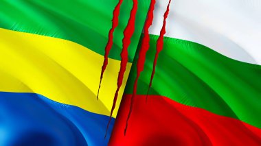 Gabon ve Bulgaristan yara izi kavramına sahip bayraklar. Dalgalanan bayrak, 3 boyutlu görüntüleme. Gabon ve Bulgaristan çatışma konsepti. Gabon Bulgaristan ilişkileri kavramı. Gabon ve Bulgaristan 'ın bayrağı kriz, savaş, saldırı konsepti