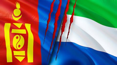 Yara izi olan Moğolistan ve Sierra Leone bayrakları. Dalgalanan bayrak, 3 boyutlu görüntüleme. Moğolistan ve Sierra Leone çatışma konsepti. Moğolistan Sierra Leone ilişkileri kavramı. Moğolistan ve Sierra Leon bayrağı