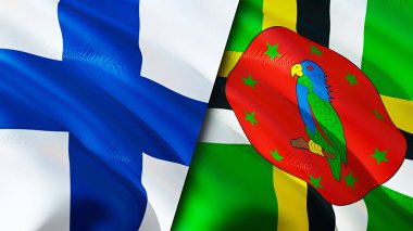 Finlandiya ve Dominica bayrakları. 3 boyutlu dalgalanan bayrak tasarımı. Finlandiya Dominika bayrağı, resim, duvar kağıdı. Finlandiya, Dominica 'ya karşı, görüntü 3D. Finlandiya Dominika ilişkileri ittifak ve ticaret, seyahat, turnuva