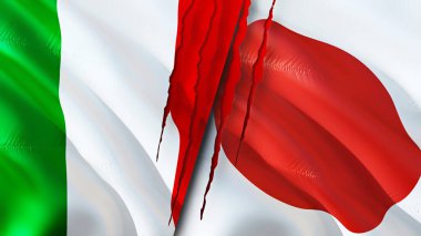 İtalya ve Japonya yara izi olan bayraklar. Dalgalanan bayrak, 3 boyutlu görüntüleme. İtalya ve Japonya çatışma konsepti. İtalya Japonya ilişkileri kavramı. İtalya ve Japonya bayrağı kriz, savaş, saldırı konsepti