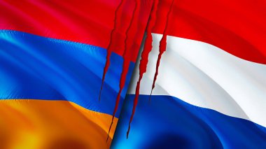 Yara izi olan Ermenistan ve Hollanda bayrakları. Dalgalanan bayrak, 3 boyutlu görüntüleme. Ermenistan ve Hollanda çatışma konsepti. Ermenistan Hollanda ilişkileri kavramı. Ermenistan ve Hollanda bayrağı