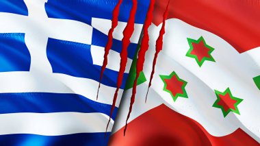 Yunanistan ve Burundi yara izi kavramına sahip bayraklar. Dalgalanan bayrak, 3 boyutlu görüntüleme. Yunanistan ve Burundi çatışma konsepti. Yunanistan Burundi ilişkileri kavramı. Yunanistan bayrağı ve Burundi krizi, savaş, saldırı konsepti