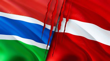 Gambiya ve Letonya bayraklarında yara izi var. Dalgalanan bayrak, 3 boyutlu görüntüleme. Gambiya ve Letonya çatışma konsepti. Gambiya Letonya ilişkileri kavramı. Gambiya ve Letonya bayrağı krizi, savaş, saldırı konsepti