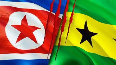 Kuzey Kore ve Sao Tome ve Principe bayrakları yara izi konseptiyle. Dalgalanan bayrak, 3 boyutlu görüntüleme. Kuzey Kore ve Sao Tome ve Principe çatışma konsepti. Kuzey Kore Sao Tome ve Principe ilişkileri kavramı