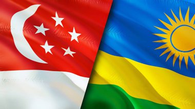 Singapur ve Ruanda bayrakları. 3 boyutlu dalgalanan bayrak tasarımı. Singapur Ruanda bayrağı, resim, duvar kağıdı. Singapur, Ruanda 'ya karşı, görüntü 3 boyutlu. Singapur Ruanda ilişkileri ittifak ve ticaret, seyahat, turnuva