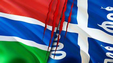 Gambiya ve Martinique bayrakları yara izi konseptiyle. Dalgalanan bayrak, 3 boyutlu görüntüleme. Gambiya ve Martinik çatışma konsepti. Gambia Martinique ilişkileri. Gambiya bayrağı ve Martinik krizi, savaş, attac