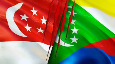 Yara izi olan Singapur ve Komoros bayrakları. Dalgalanan bayrak, 3 boyutlu görüntüleme. Singapur ve Komoros çatışma konsepti. Singapur Komoros ilişkileri kavramı. Singapur bayrağı ve Komoros krizi, savaş, attac