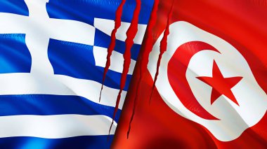 Yunanistan ve Tunus yara izi kavramına sahip bayraklar. Dalgalanan bayrak, 3 boyutlu görüntüleme. Yunanistan ve Tunus çatışma konsepti. Yunanistan Tunus ilişkileri kavramı. Yunanistan bayrağı ve Tunus krizi, savaş, saldırı konsepti