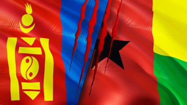 Yara izi olan Moğolistan ve Gine Bissau bayrakları. Dalgalanan bayrak, 3 boyutlu görüntüleme. Moğolistan ve Gine Bissau çatışma konsepti. Moğolistan Gine Bissau ilişkileri kavramı. Moğolistan ve Gine bayrağı