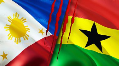Yara izi olan Filipinler ve Gana bayrakları. Dalgalanan bayrak, 3 boyutlu görüntüleme. Filipinler ve Gana çatışma konsepti. Filipinler Gana ilişkileri kavramı. Filipinler bayrağı ve Gana krizi, savaş, attac