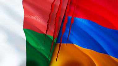 Madagaskar ve Ermenistan bayraklarında yara izi var. Dalgalanan bayrak, 3 boyutlu görüntüleme. Madagaskar ve Ermenistan çatışma konsepti. Madagaskar Ermenistan ilişkileri kavramı. Madagaskar bayrağı ve Ermenistan krizi, savaş