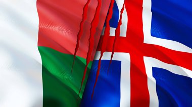 Madagaskar ve İzlanda yara izi olan bayraklar. Dalgalanan bayrak, 3 boyutlu görüntüleme. Madagaskar ve İzlanda çatışma konsepti. Madagaskar İzlanda ilişkileri kavramı. Madagaskar bayrağı ve İzlanda krizi, savaş