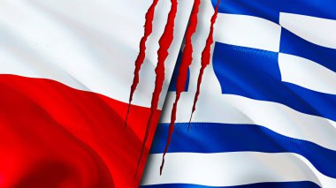 Yara izi olan Polonya ve Yunanistan bayrakları. Dalgalanan bayrak, 3 boyutlu görüntüleme. Polonya ve Yunanistan çatışma konsepti. Polonya Yunanistan ilişkileri kavramı. Polonya ve Yunanistan bayrağı kriz, savaş, saldırı konsepti