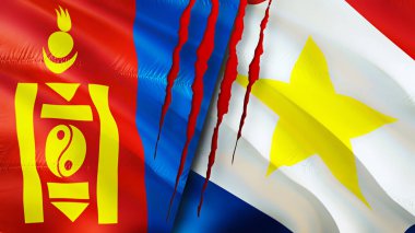 Moğolistan ve Saba Adası bayraklarında yara izi var. Dalgalanan bayrak, 3 boyutlu görüntüleme. Moğolistan ve Saba Adası çatışma konsepti. Moğolistan Saba Adası ilişkileri kavramı. Moğolistan ve Saba Adaları bayrağı