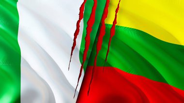 Yara izi olan Nijerya ve Litvanya bayrakları. Dalgalanan bayrak, 3 boyutlu görüntüleme. Nijerya ve Litvanya çatışma konsepti. Nijerya Litvanya ilişkileri kavramı. Nijerya bayrağı ve Litvanya krizi, savaş, attac
