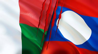 Madagaskar ve Laos bayrakları yara izi konseptiyle. Dalgalanan bayrak, 3 boyutlu görüntüleme. Madagaskar ve Laos çatışma konsepti. Madagaskar Laos ilişkileri kavramı. Madagaskar bayrağı ve Laos krizi, savaş, saldırı konsepti