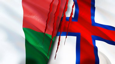 Madagaskar ve Faroe Adaları yara izi olan bayraklar. Dalgalanan bayrak, 3 boyutlu görüntüleme. Madagaskar ve Faroe Adaları çatışma konsepti. Madagaskar Faroe Adaları ilişkileri kavramı. Madagaskar bayrağı