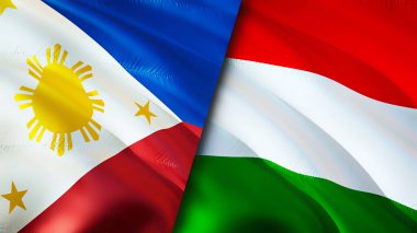 Filipinler ve Macaristan bayrakları. 3 boyutlu dalgalanan bayrak tasarımı. Filipinler Macaristan bayrağı, resim, duvar kağıdı. Filipinler Macaristan 'a karşı, görüntü 3D. Filipinler Macaristan ilişkileri
