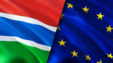 Gambiya ve Avrupa Birliği bayrakları. 3 boyutlu dalgalanan bayrak tasarımı. Gambiya Avrupa Birliği bayrağı, resim, duvar kağıdı. Gambiya, Avrupa Birliği imajına karşı, 3D görüntüleme. Gambiya Avrupa Birliği ilişkileri ittifakı