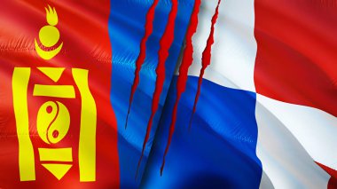 Yara izi olan Moğolistan ve Panama bayrakları. Dalgalanan bayrak, 3 boyutlu görüntüleme. Moğolistan ve Panama çatışma konsepti. Moğolistan Panama ilişkileri kavramı. Moğolistan bayrağı ve Panama krizi, savaş, saldırı konsepti