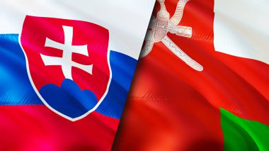 Slovakya ve Umman bayrakları. 3 boyutlu dalgalanan bayrak tasarımı. Slovakya Umman bayrağı, resim, duvar kağıdı. Slovakya, Umman imajına karşı, 3D görüntüleme. Slovakya Umman ilişkileri ittifak ve ticaret, seyahat, turizm konsepti