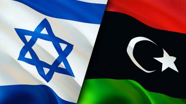 İsrail ve Libya bayrakları. 3 boyutlu dalgalanan bayrak tasarımı. İsrail Libya bayrağı, resim, duvar kağıdı. İsrail Libya 'ya karşı, görüntü 3D. İsrail Libya ilişkileri ittifak ve ticaret, seyahat, turizm konsepti