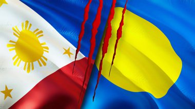 Yara izi olan Filipinler ve Palau bayrakları. Dalgalanan bayrak, 3 boyutlu görüntüleme. Filipinler ve Palau çatışma konsepti. Filipinler Palau ilişkileri konsepti. Filipinler bayrağı ve Palau krizi, savaş, attac