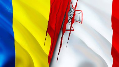 Romanya ve Malta yara izi kavramına sahip bayraklar. Dalgalanan bayrak, 3 boyutlu görüntüleme. Romanya ve Malta ihtilaf kavramı. Romanya Malta ilişkileri kavramı. Romanya bayrağı ve Malta krizi, savaş, saldırı konsepti