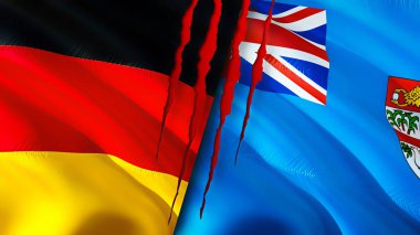Yara izi olan Almanya ve Fiji bayrakları. Dalgalanan bayrak, 3 boyutlu görüntüleme. Almanya ve Fiji çatışma konsepti. Almanya Fiji ilişkileri kavramı. Alman bayrağı ve Fiji krizi, savaş, saldırı konsepti