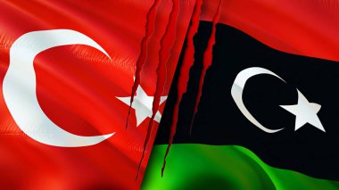 Yara izi olan Türkiye ve Libya bayrakları. Dalgalanan bayrak, 3 boyutlu görüntüleme. Türkiye ve Libya çatışma konsepti. Türkiye Libya ilişkileri kavramı. Türkiye ve Libya krizi bayrağı, savaş, saldırı konsepti