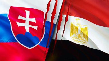 Slovakya ve Mısır bayraklarında yara izi var. Dalgalanan bayrak, 3 boyutlu görüntüleme. Slovakya ve Mısır çatışma konsepti. Slovakya Mısır ilişkileri kavramı. Slovakya bayrağı ve Mısır krizi, savaş, saldırı konsepti
