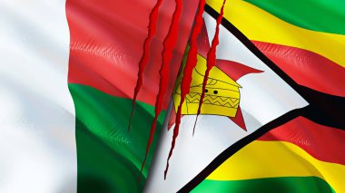 Madagaskar ve Zimbabwe yara izi olan bayraklar. Dalgalanan bayrak, 3 boyutlu görüntüleme. Madagaskar ve Zimbabwe çatışma konsepti. Madagaskar Zimbabve ilişkileri kavramı. Madagaskar ve Zimbabw bayrağı